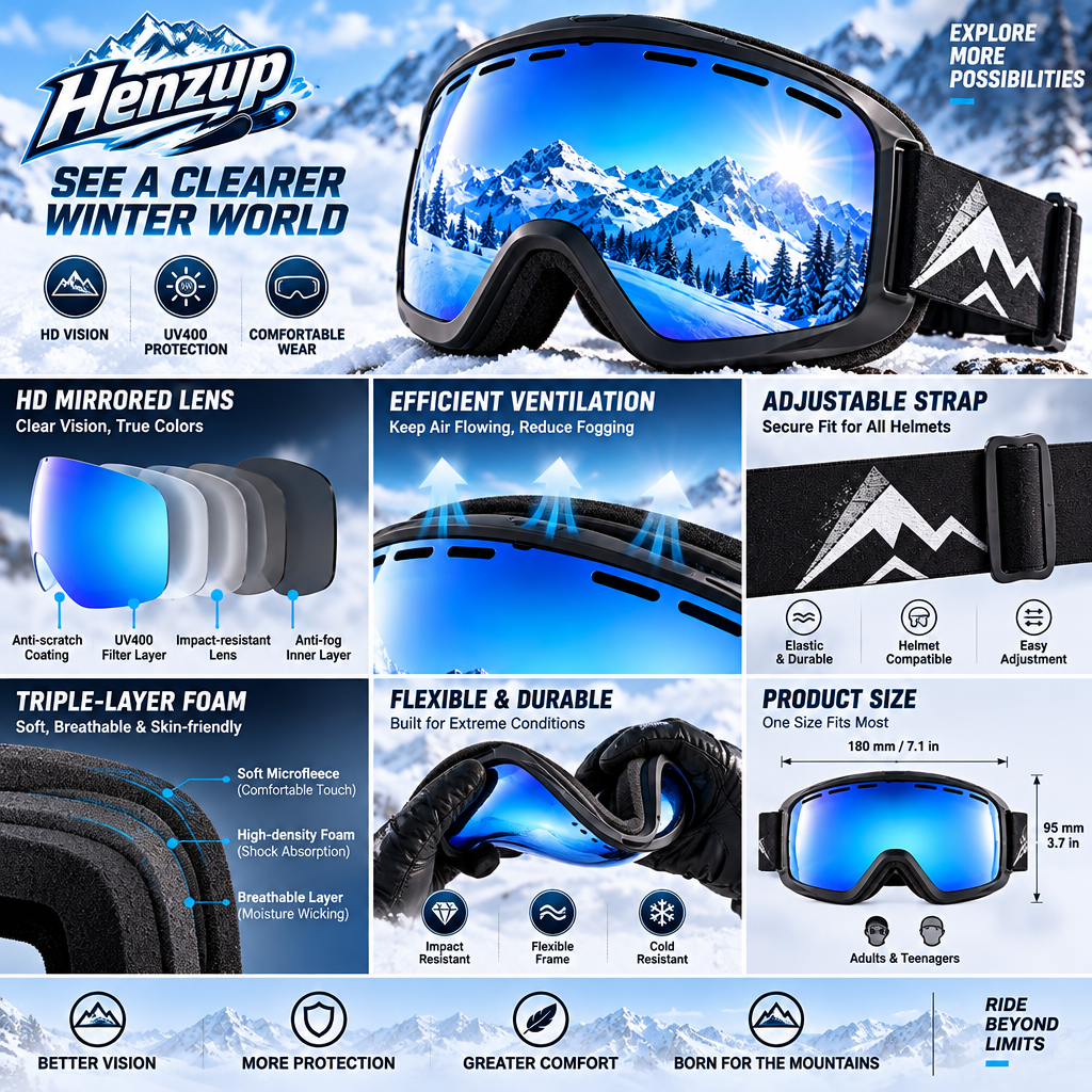 HENZUP Blue Mirror Ski Goggles