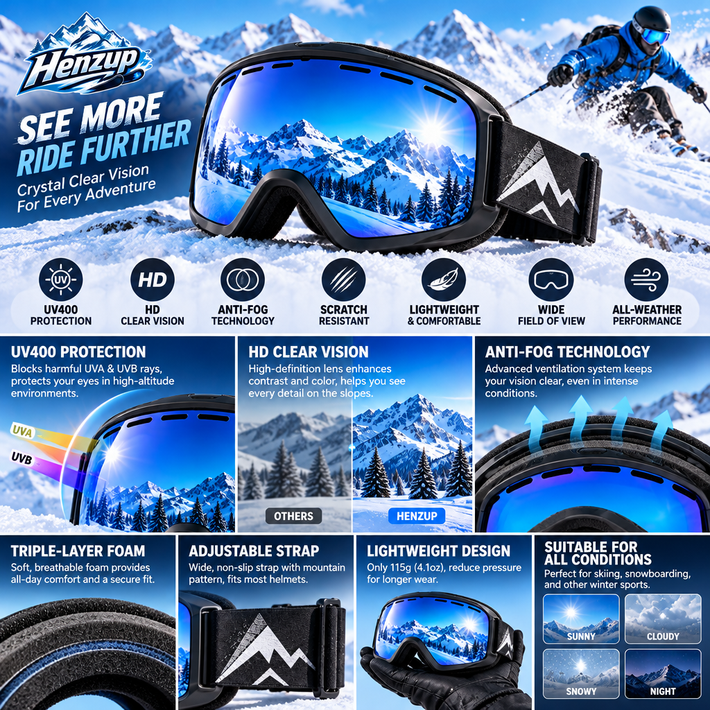 HENZUP Blue Mirror Ski Goggles