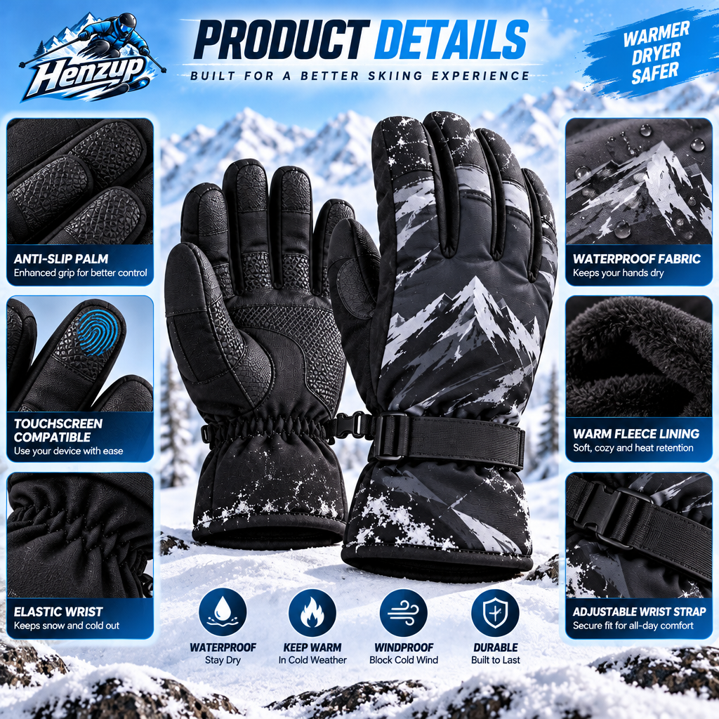 HENZUP Mountain Print Ski Gloves